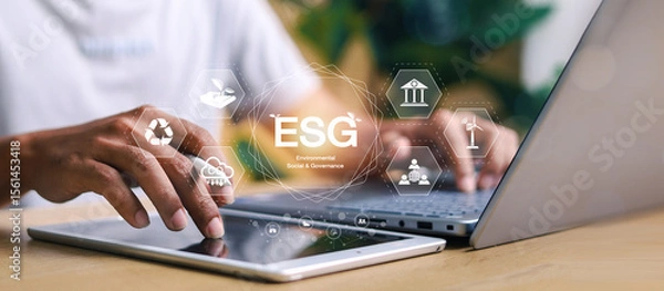 Fototapeta ESG icons representing environmental, social, and governance principles. Concept of sustainable finance and corporate responsibility.