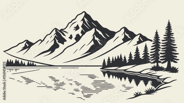 Fototapeta Illustration of a mountain range with a lake and trees in a minimalist black and white style design view