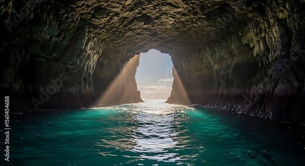 Obraz As sunlight bursts through the entrance of a rugged cave, a shaft of light illuminates the turquoise waters below, evoking an otherworldly sense of tranquility and natural wonder.