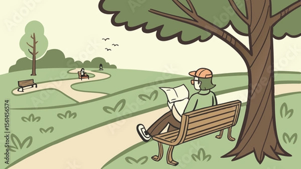 Fototapeta A person sitting on a bench reading a map under a tree in a park with other benches and people in the distance