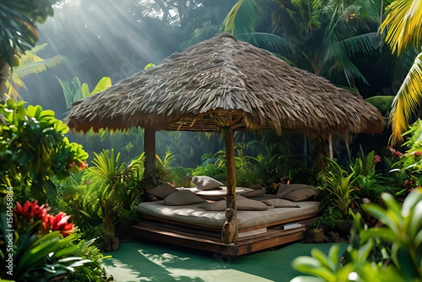 Obraz tradisional thatched roof gazebo with mattresses in a tropical garden