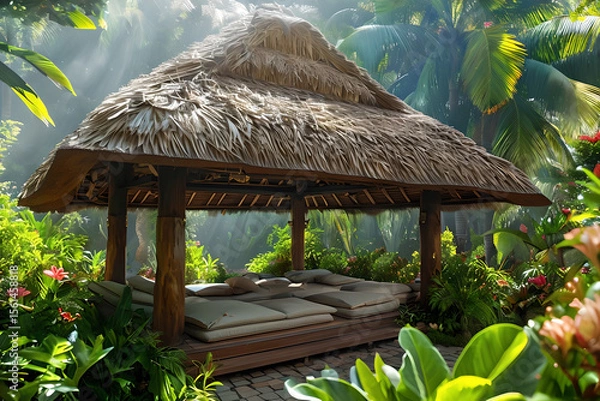 Obraz tradisional thatched roof gazebo with mattresses in a tropical garden
