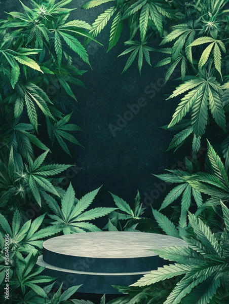 Fototapeta Flat round pedestal surrounded by green marijuana leaves, arranged symmetrically against black background 