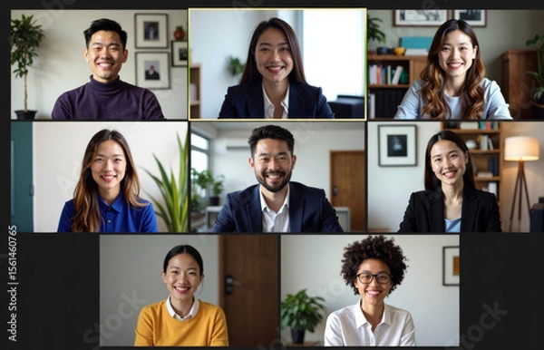 Fototapeta Diverse Group Participates in Global Video Conference Photoshoot Across Various Locations