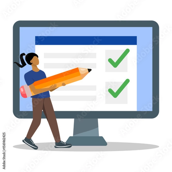 Obraz Business woman marks on online survey document with giant pencil. Online checklist form for feedback or questionnaire pool. Flat vector illustration.