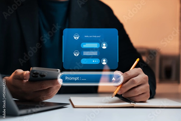 Fototapeta AI chatbot prompt concept showing person holding smartphone and writing notes with artificial intelligence virtual assistant, digital technology, automation, and smart communication solution.