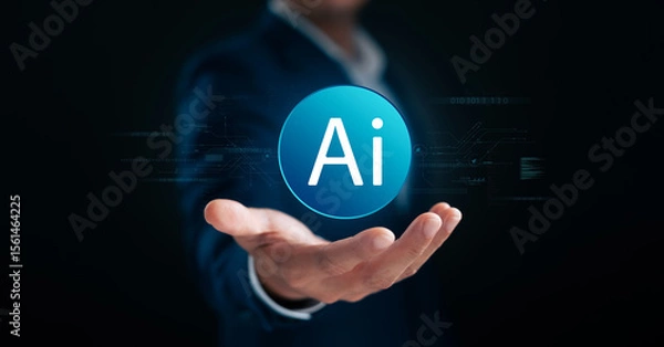 Fototapeta AI technology concept showing businessman holding artificial intelligence icon in palm, digital innovation, automation, smart system, futuristic software, and modern business solution.
