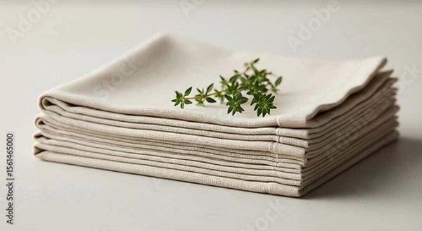 Obraz Softly folded linen napkins with a delicate sprig of fresh parsley on top, set against a serene light gray background, evoke a sense of table setting tranquility.