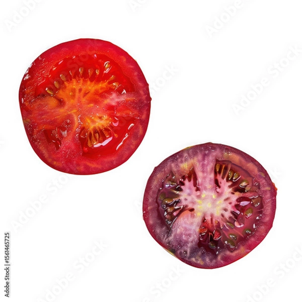 Fototapeta Two halved tomatoes isolated on transparent background red and purple