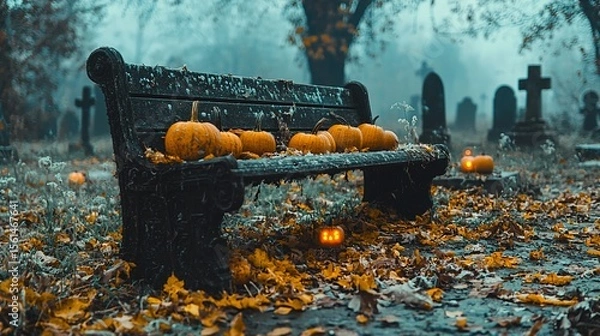 Obraz Spooky Halloween scene in a misty graveyard. Pumpkins on a weathered bench