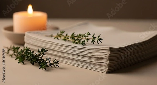 Obraz Serene ambiance of a lit candle beside a neatly stacked pile of paper adorned with delicate green leaves on a muted beige surface.