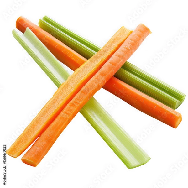 Fototapeta Fresh carrot and celery sticks arranged in an x shape isolated on transparent background