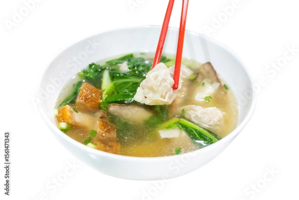 Fototapeta Top view of Dumpling water or wonton soup, focus selective