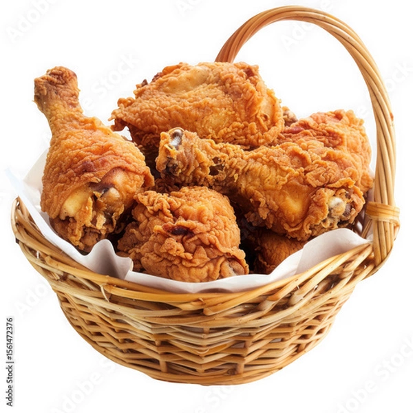 Fototapeta Crispy fried chicken drumsticks in a wicker basket isolated on transparent background