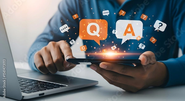 Fototapeta Man using smartphone with Q&A icons and speech bubbles, symbolizing online support, customer service, or interactive learning.