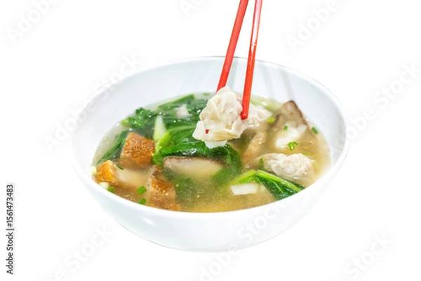 Fototapeta Top view of Dumpling water or wonton soup, focus selective