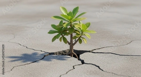 Obraz A single green sapling plant shoot sprouting through a crack in dry gray concrete ground symbolizing hope resilience and new life concept