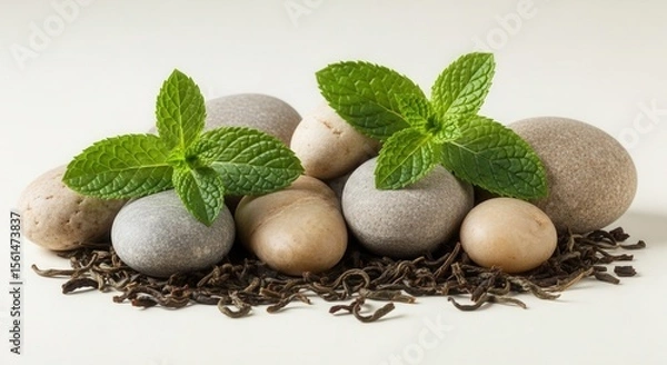 Obraz Green sprouts growing between a line of smooth white zen spa stones with scattered dried tea leaves for wellness and harmony on white