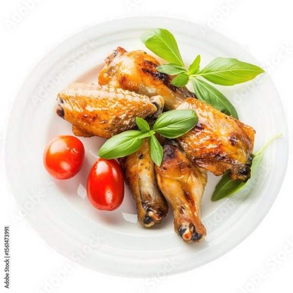 Fototapeta Delicious grilled chicken wings with basil and tomatoes isolated on transparent background