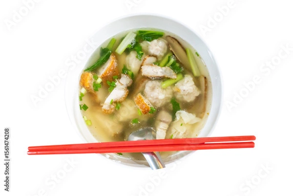 Fototapeta Top view of Dumpling water or wonton soup, focus selective