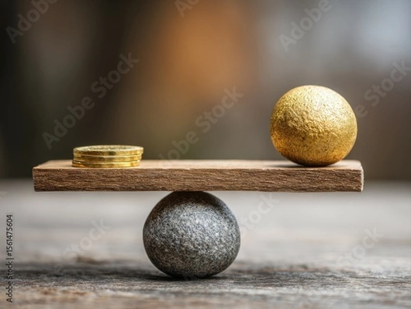 Fototapeta Balancing wealth gold and silver coins on a wooden plank close-up natural light symbolizing value