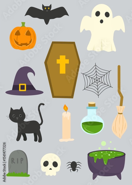 Fototapeta Set of Halloween icons: witch hat, cat, candle, potion, coffin, and more. Great for spooky graphics.