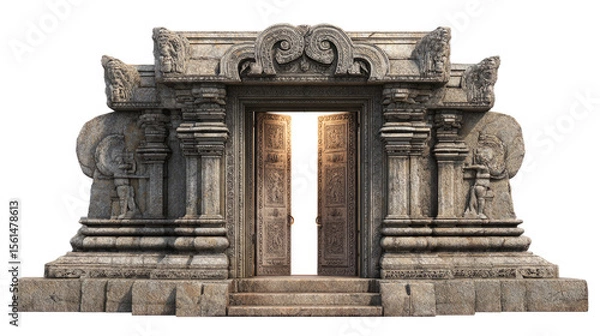 Obraz Open stone temple double doors, ancient carvings glowing with light, isolated on white
