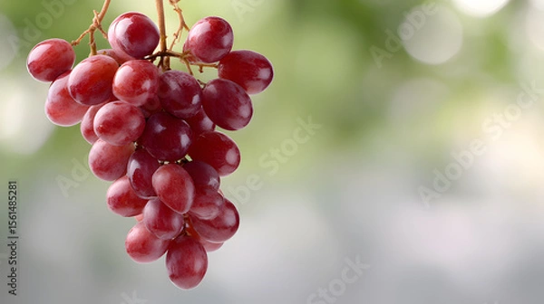 Obraz Ripe red grapes clustered on vine, dangling against soft green background, highlighting natural vineyard freshness and rich agricultural landscape