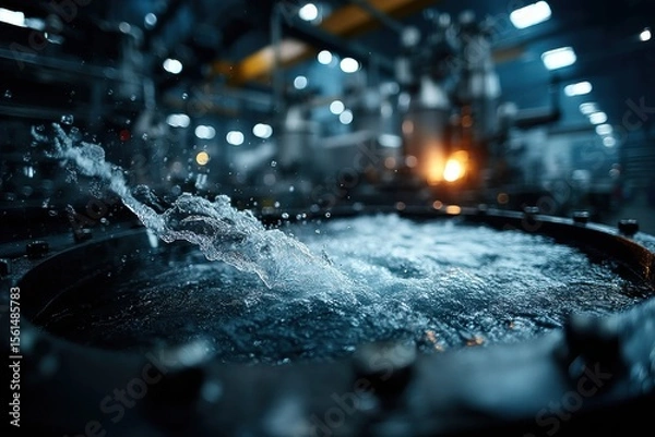 Fototapeta Industrial water process showcasing dynamic splashes and illuminated factory background