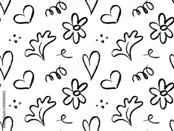 Obraz Doodle seamless pattern with hand drawn black sketch elements, Includes playful hearts, curlicues, scribbles, lines, flowers, leaves, dots on white background. Crayon style texture with a fun