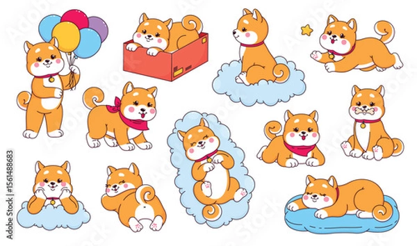 Fototapeta Eleven orange  white cartoon Shiba Inu puppies with different actions  accessories on white backdrop