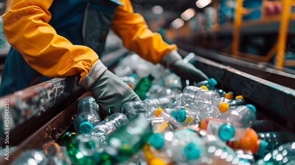 Fototapeta Worker sorting recyclable plastic bottles at a recycling facility