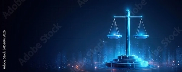 Fototapeta AI Regulation Concept. A glowing digital scale of justice symbolizing law and balance, set against a futuristic cityscape with neon blue tones.