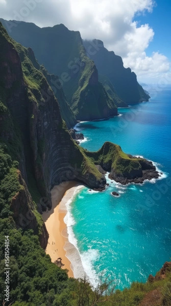 Fototapeta Kauai Hawaii Na Pali Coast Top-Down View of Dramatic Lush Green Cliffs and Hidden Beaches