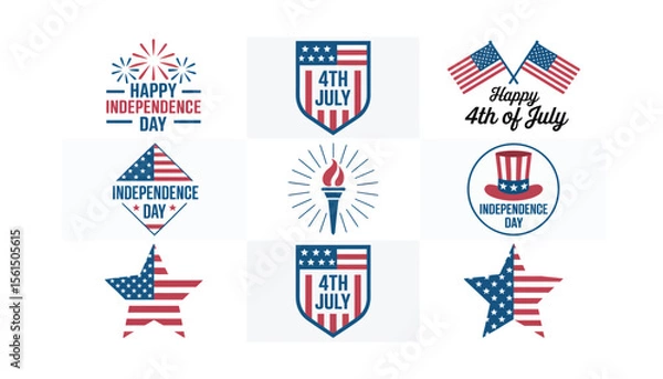 Fototapeta Patriotic 4th of july element collection including american flags, fireworks, badges, and liberty symbols for usa independence celebration