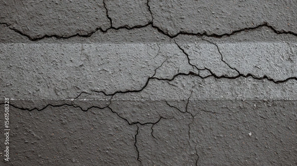 Fototapeta Cracks traverse across the aged asphalt surface marked with a faded white line suggesting wear and tear indicative of time and environmental elements here.