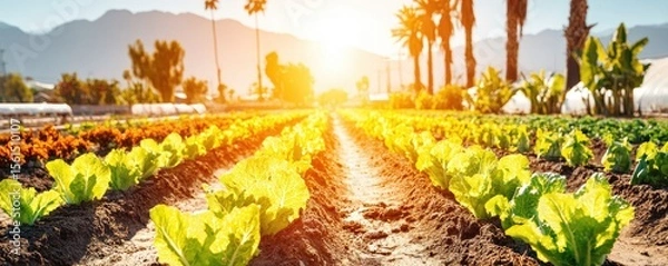 Obraz Sun-drenched farm rows of vibrant lettuce and other crops