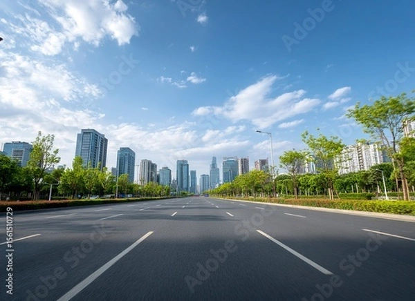 Fototapeta High-speed highway, an asphalt road with trees and buildings in the background. The wide-open plain is empty of cars on an early summer day. In the front view, white lines mark the right side for driv