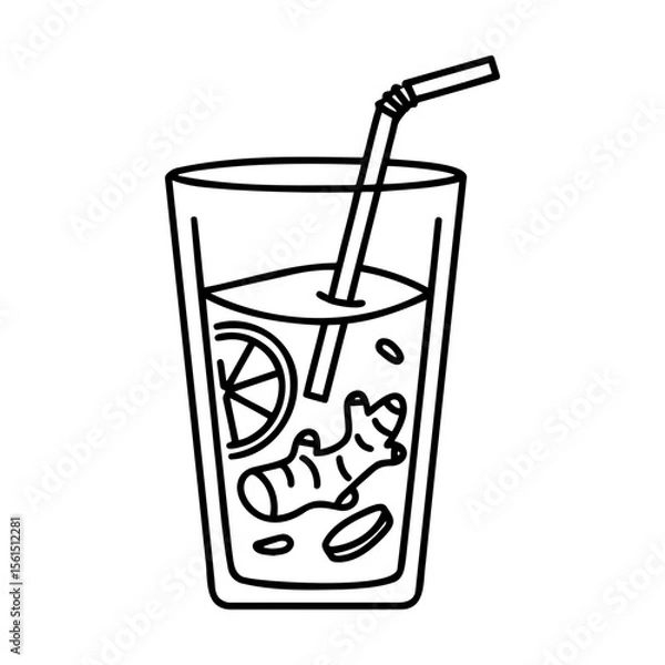 Fototapeta Ginger lemonade icon with a straw and a slice of lemon in minimalistic style 