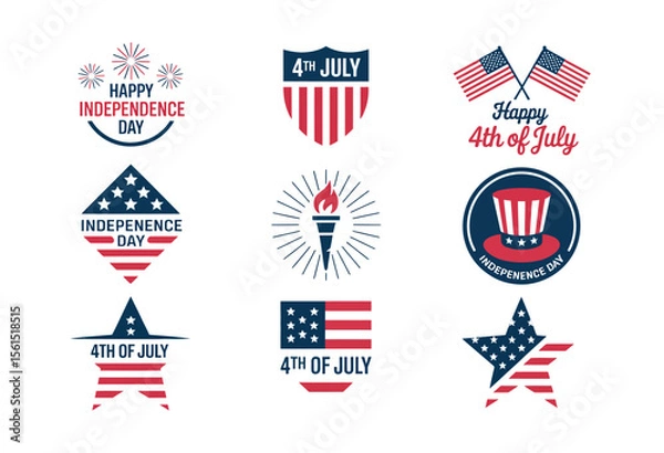 Fototapeta Patriotic 4th of july element collection including american flags, fireworks, badges, and liberty symbols for usa independence celebration