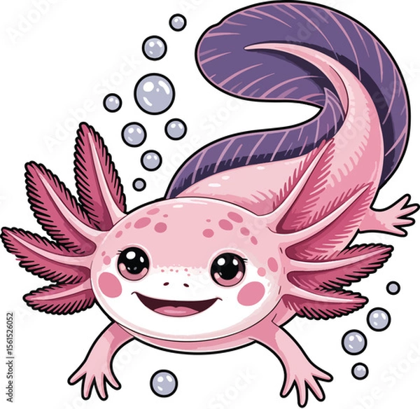 Obraz Cute Cartoon Axolotl with Bubbles – Adorable Pink Amphibian Character Illustration