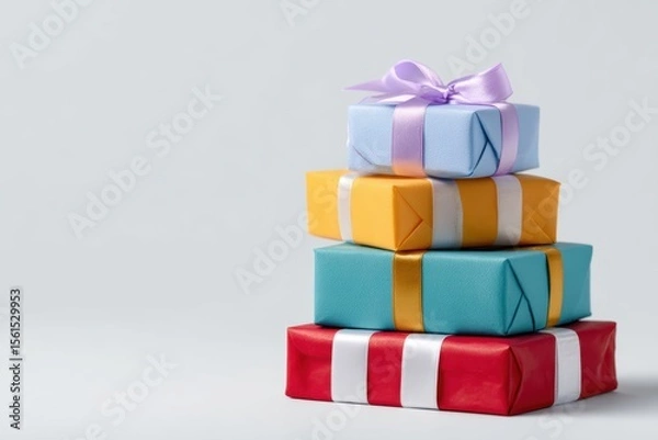 Fototapeta Stack of colorful gift boxes tied with ribbon on white