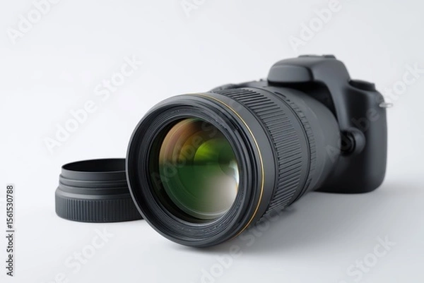 Fototapeta Digital camera lens and lens cap placed on clean white background