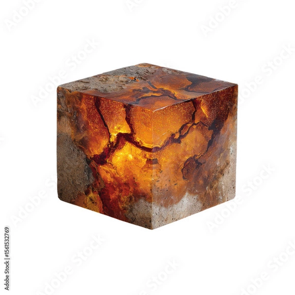 Fototapeta Illuminated Amber Resin Cube Modern Art Sculpture with Glowing Interior