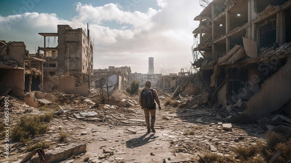 Fototapeta Person walking through war-torn city ruins. Urban destruction aftermath. Conflict zone devastation. Damaged buildings debris. Documentary photography concept