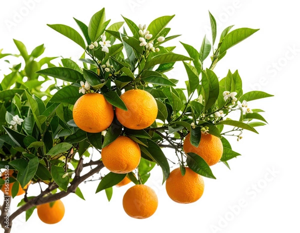 Fototapeta Orange tree branch with ripe citrus fruits, white blossoms and green leaves isolated on transparent background