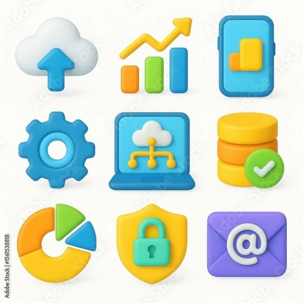 Fototapeta Collection of colorful, 3d graphic icons for digital tools.
