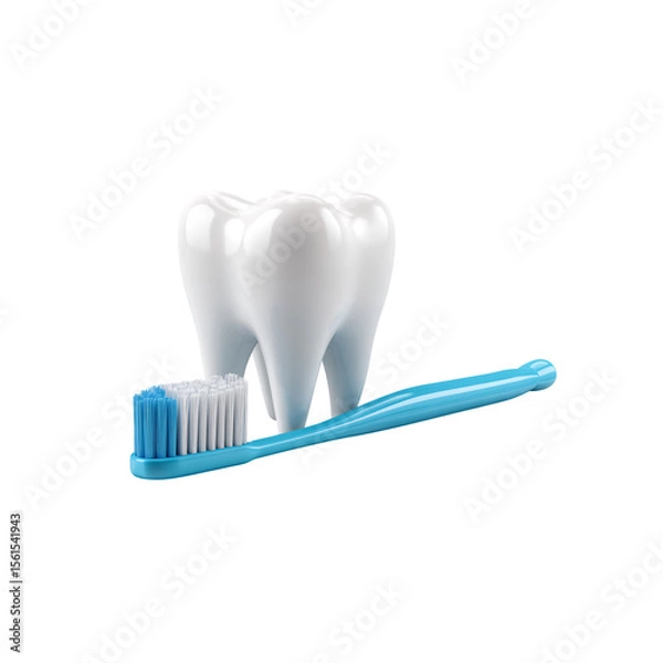 Fototapeta White tooth and blue toothbrush isolated on a transparent background, in a PNG format
