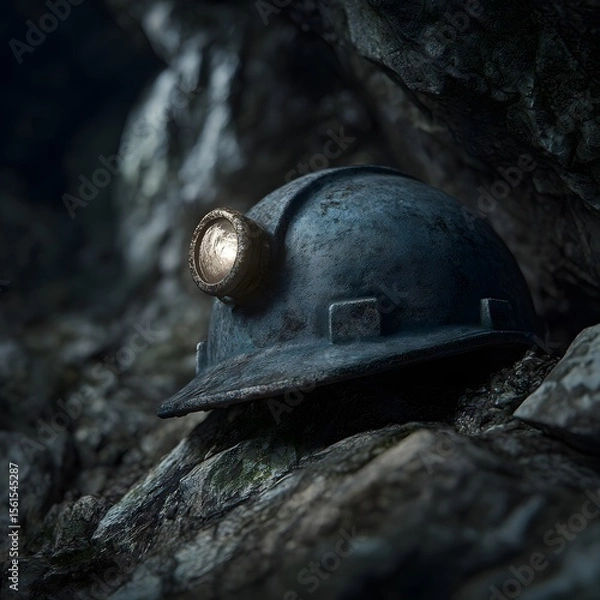 Fototapeta Mining helmet with light in dark cave underground exploration concept