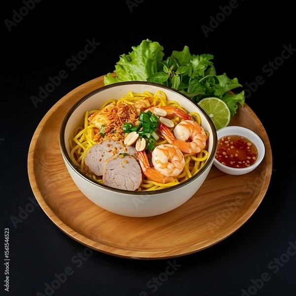Fototapeta a bowl Vietnamese mì quảng with turmeric rice noodles, pork, shrimp, and peanuts, drizzled with fish sauce, arranged with fresh herbs like lettuce and cilantro on A Teak Wood Platter